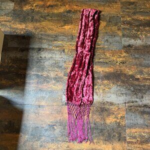 Burgundy Wine Crushed Velvet Scarf with Macrame Fringe, 84" x 5.5"